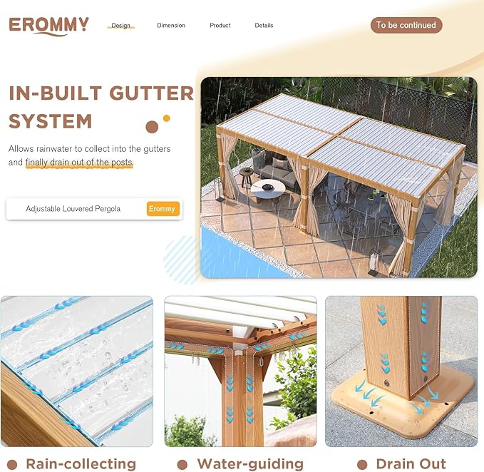 EROMMY Louvered Pergola 10' x 20' Outdoor Hard Top Gazebo with Wooden Grain Aluminum Frame and Adjustable Metal Rainproof Roof for Garden & Patio, Curtains and Netting Included, Wood Grain