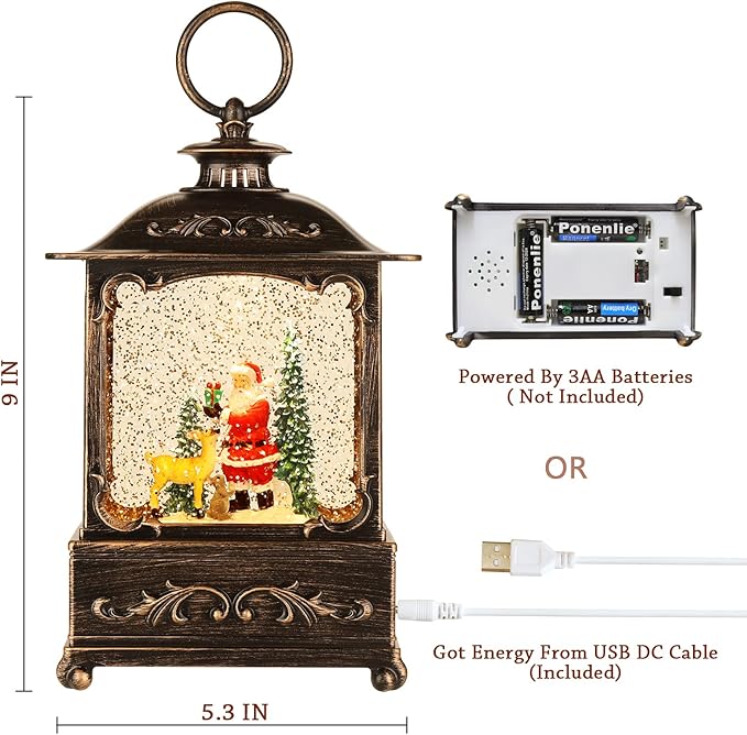 Christmas Snow Globe Lantern Christmas Decorations Water Glittering Lanterns with Music & Timer, USB Lined/Battery Operated Lighted Lantern for Christmas Festival Decoration Gifts (Skiing Snowman)