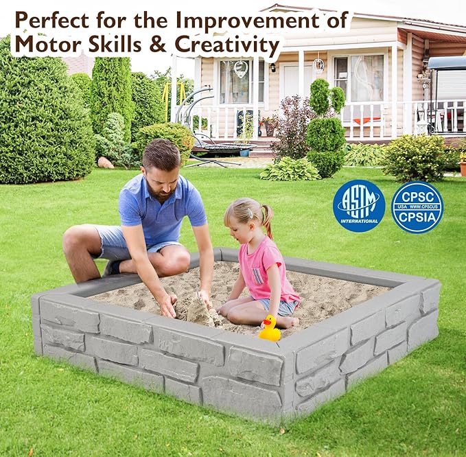 Costzon Kids Sandbox with Cover, 47x 47 HDPE Sand Box w/Oxford Cover, Bottom Liner, Reinforced Structure, Weather Resistant Outdoor Sand Pit for Backyard Lawn Garden Beach (Gray)