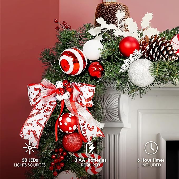 WBHome Pre-lit 9 Feet/106 Inch Christmas Garland Candy Shop Red & White Themed with 50 LED Lights Holiday Decorations, Battery Operated (Batteries NOT Included)