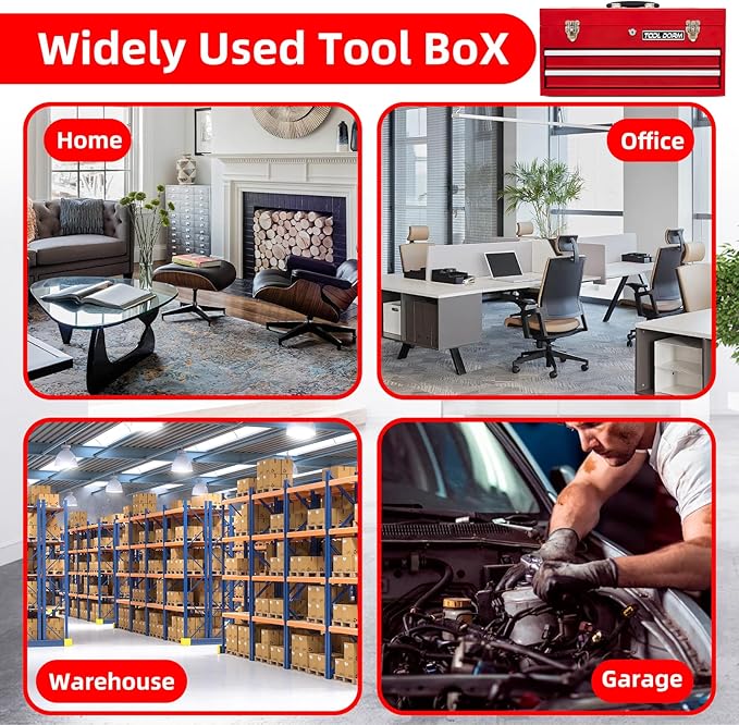 20.3¡° Metal Tool Box with Drawer Portable Steel Tool Box with Liner and Latch Closure and Lock for Garage, Home and Warehouse (Red-2 Drawers)