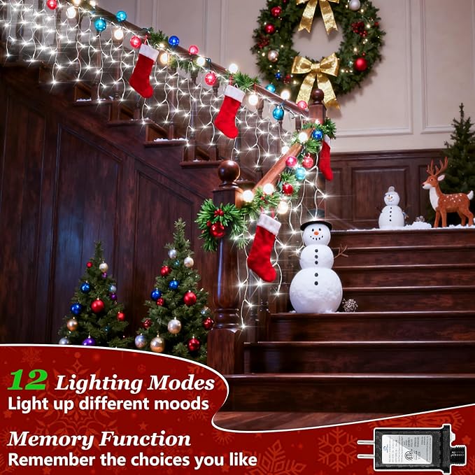 810 LED Christmas Lights Outdoor Indoor, 82ft Cool White String Lights with 180 Drops, 12 Modes Dimmable Curtain Lights with Timer, Waterproof Twinkle Fairy Lights for Bedroom Window Xmas Decor
