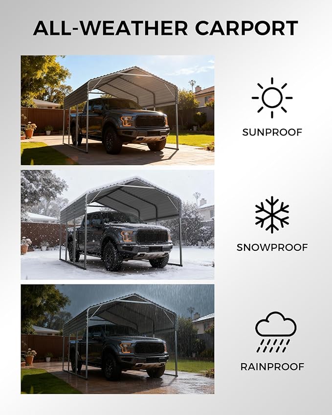 12x20FT Heavy Duty Metal Carport Kit, Galvanized Permanent Shelter for Pickup Trucks, Tractors, RVs - Extra Sturdy Frame with Enhanced Anchoring System & Snow Load Capacity