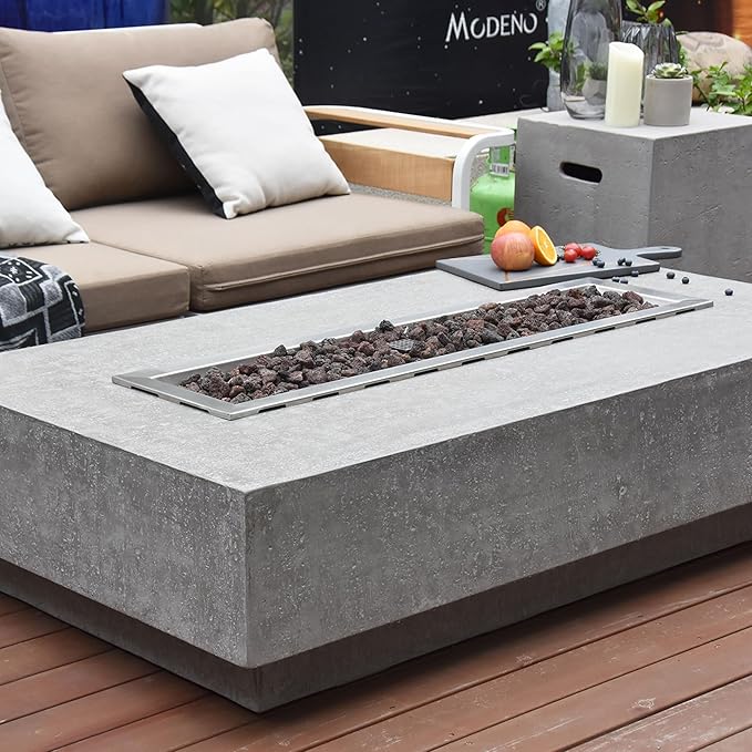 Hampton Fire Table Outdoor Fire Pit 56 x 32 Cast Concrete Firepit Includes Lava Rocks 45,000 BTUs Outdoor Fireplace for Patio Furniture Set, Deck, Porch, Outdoor Heater - Natural Gas