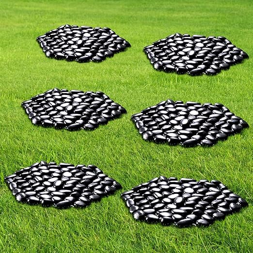 10in River Rock Stepping Stones Set - 6 Pack | Polished Pebble | Long-Lasting PVC Mesh Backing | Perfect for Garden Paths and Lawns Outdoor Landscaping Decoration | Black Rhombus