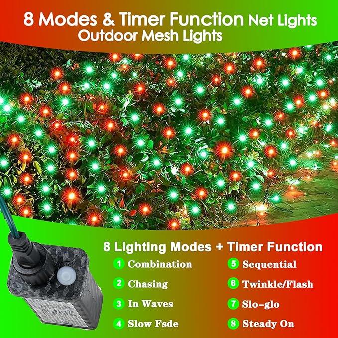 Christmas Net Lights Outdoor for Bushes, 6x5ft 120LED Net Light Outdoor Mesh Lights, Connectable Waterproof Net Light for Bushes,Garden,Yard,Trunk,Xmas Tree,Christmas Décor (Red & Green)