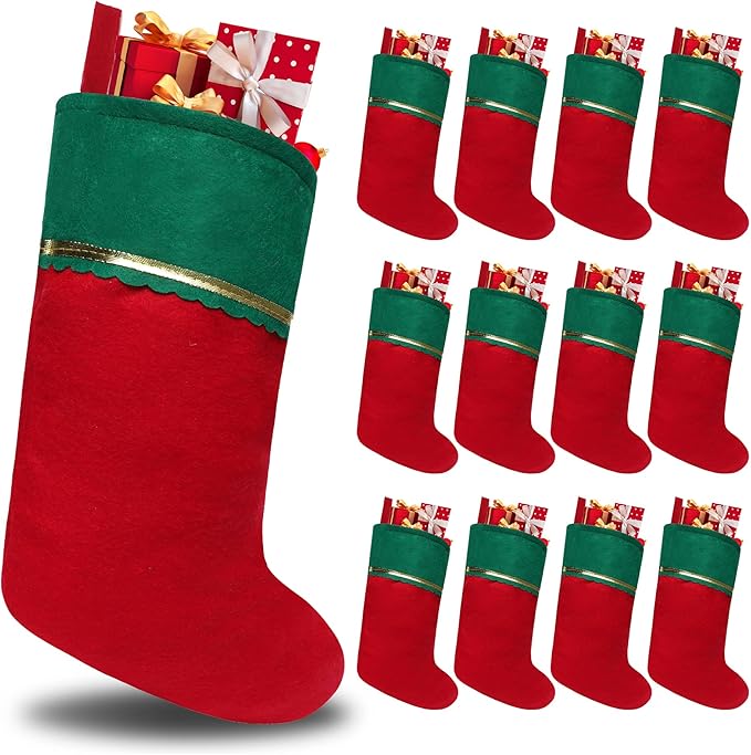 12 Pack Felt Christmas Stockings, 19 Inches Red and Green Christmas Stockings Hanging Ornaments, Green Cuff with Gold Trim Christmas Stockings for Family Christmas Holiday Decorations