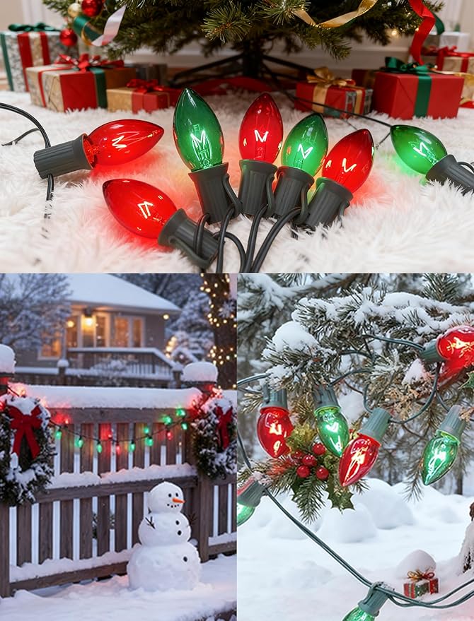 25Ft C9 Red and Green Christmas Lights Outdoor, C9 Vintage Christmas String Lights with 27 Clear Red Green Bulbs, Hanging Outdoor Christmas Lights for Backyard Prom Roofline Path Party Garden Decor