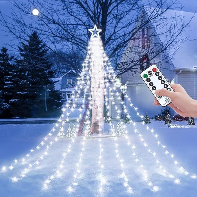 Decute Christmas Decorations Outdoor String Lights 8 Modes and Timer with Remote, Waterproof 320 LED Christmas Tree Lights Star Lights for Yard Garden Backyard Wedding Holiday Decor Cool White