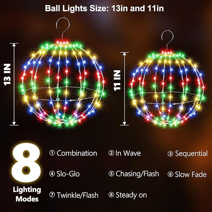 Joomer Christmas Solar Ball Lights, 13IN & 11IN Foldable Metal Sphere Lights Waterproof 8 Modes with Hook, Solar Powered Hanging Globe Light for Outdoor Christmas Decor (2 Pack, Multicolor)