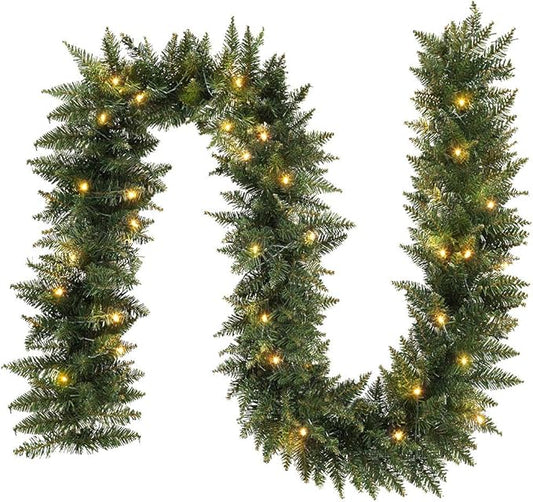 ANOTHERME 9 FT Pre-lit Christmas Garland Holiday Artificial Decor, Christmas Garland with Lights for Stairs Wall Door Indoor Outdoor Garland with Battery Operated Timer