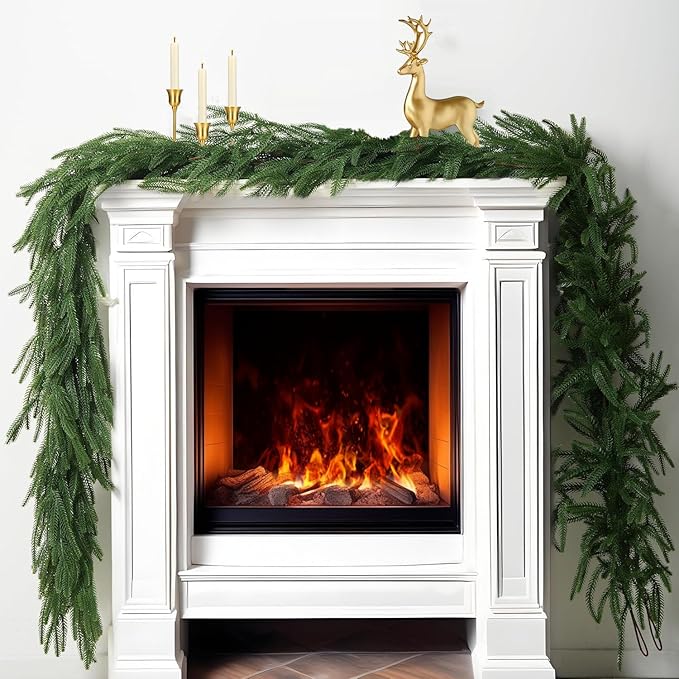 6 Ft 2 Pcs Artificial Norfolk Pine Garlands, Realistic Pine Garland, Green Artificial Greenery Garland for Table, Mantle, Wall, Indoor, Outdoor Winter Christmas Decorations