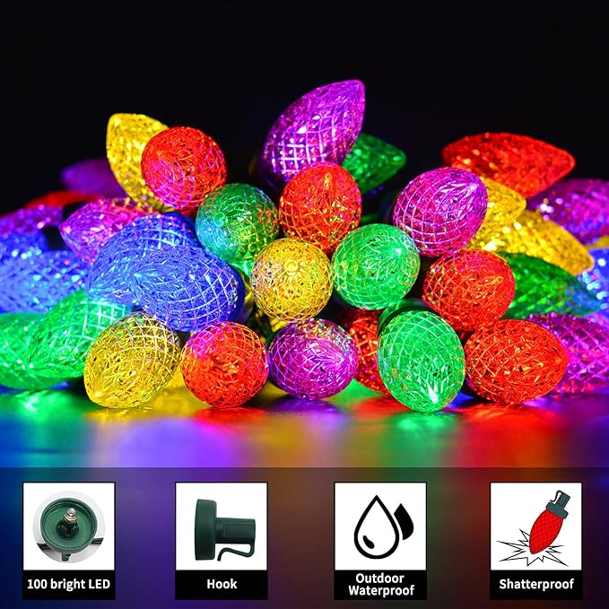 ZAIYW 66ft 100 LED C9 Christmas Lights String, Strawberry String Lights UL Plug C9 String Lights Green Wire Waterproof for Outdoor Roof Eaves Garden Yard Xmas Decor (Multicolor)