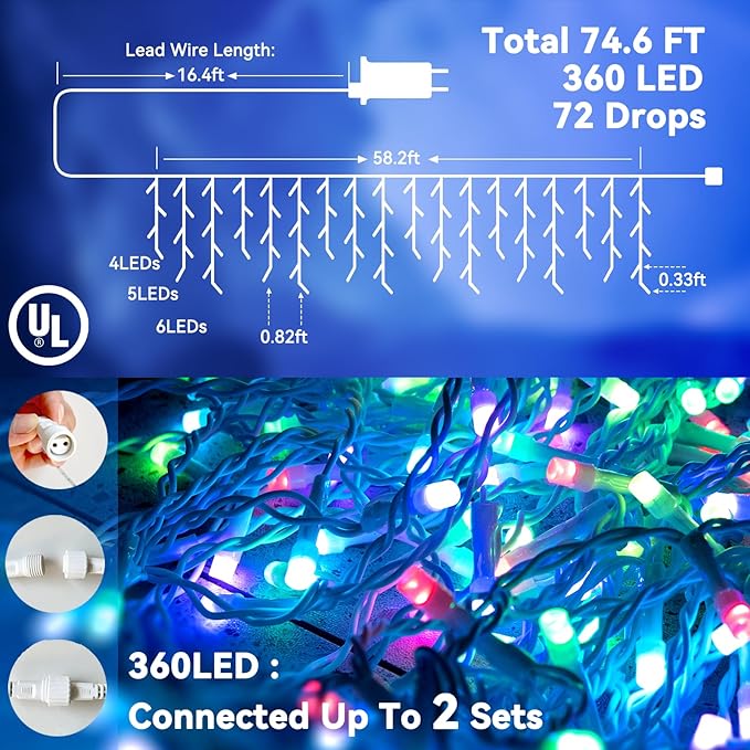 LitHome Color Changing Icicle Lights for Outside, 35 Colors Christmas Icicle Lights with Remote Plug in, 360 LED 58FT Cool White Christmas Icicle Light Indoor Connectable for Xmas Holiday Roof Decor