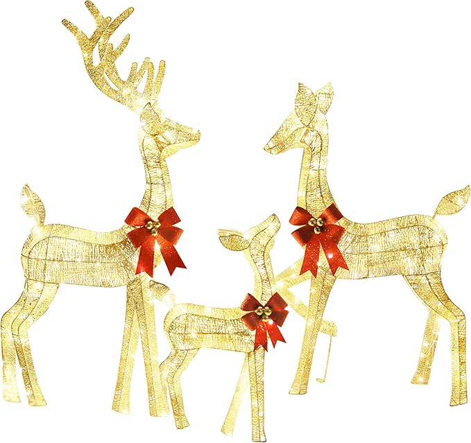 3-Piece Outdoor Lighted Christmas Reindeer Family Set, 3D Plug in 320 Count Warm Lighted Deer Christmas Decoration, Holiday Decor for Yard Patio Lawn Garden Party
