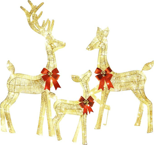 3-Piece Outdoor Lighted Christmas Reindeer Family Set, 3D Plug in 320 Count Warm Lighted Deer Christmas Decoration, Holiday Decor for Yard Patio Lawn Garden Party