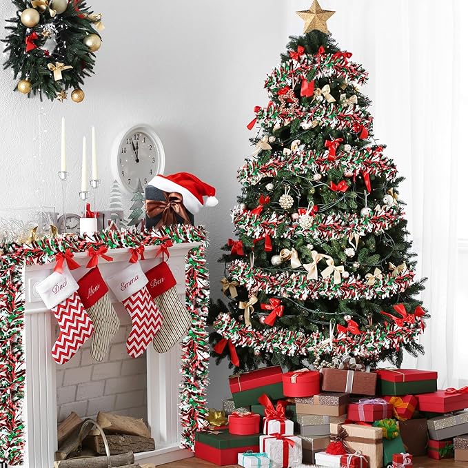 50ft Metallic Tinsel Twist Garland - Christmas Tree Decorations in Red, Green & White