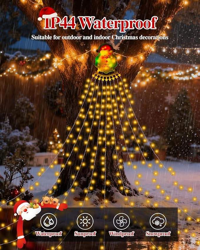 Christmas Decorations Outdoor String Lights - 335 LED 11.48ft 9 Strands Waterfall Tree Lights with Topper, 8 Lighting Modes Christmas Lights Indoor Decorative for Wedding Yard Party Home