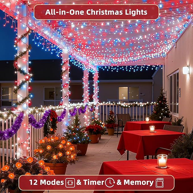 470ft Outdoor Christmas Lights, 1500 LED Super Long String Lights 12 Modes & Timer Memory, Dimmable Waterproof Light Strings for Xmas Tree Garden Wedding Party Holiday Decorations Red White & Blue