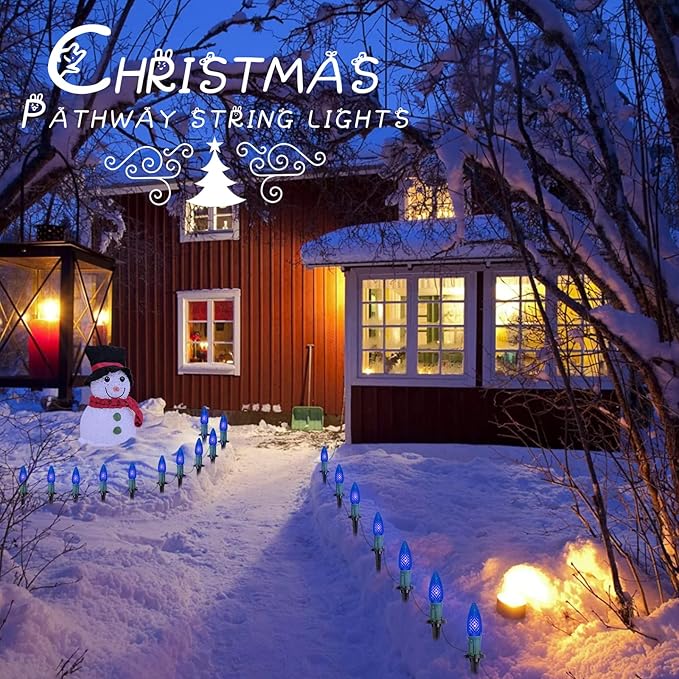C9 Led Christmas String Lights, 20 Led 25.75 Feet Outdoor Waterproof Strawberry Lights with 20 Stakes, Extendable Green Wire String Lights for Indoor Outside Patio Wedding Party Decoration, Blue