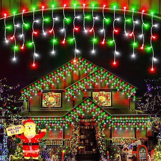 2 Pack 53FT 486 LED Christmas Lights Outdoor, Plug in Waterproof Christmas Lights for Outside, Timer & Memory, 8 Modes Hanging Fairy Lights for House Eaves Yard Patio Red Green and Cool White