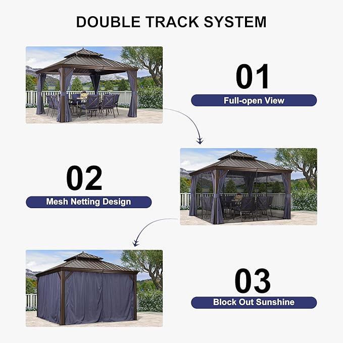 PURPLE LEAF 12' X 12' Hardtop Gazebo Canopy with Netting and Curtains for Outdoor Hot Tub Heavy Duty Backyard Sunshade Deck Metal Roof Patio Permanent Pavilion