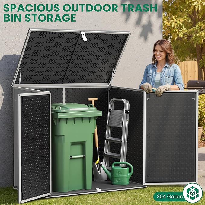 Outdoor Trash Can Storage Shed 4.6 x 4.1 FT, 304 Gallon Resin Shed with Lockable Doors & Lift Lid, Waterproof Outdoor Storage for Garden Tools, Cushions and Patio Equipment (Gary)