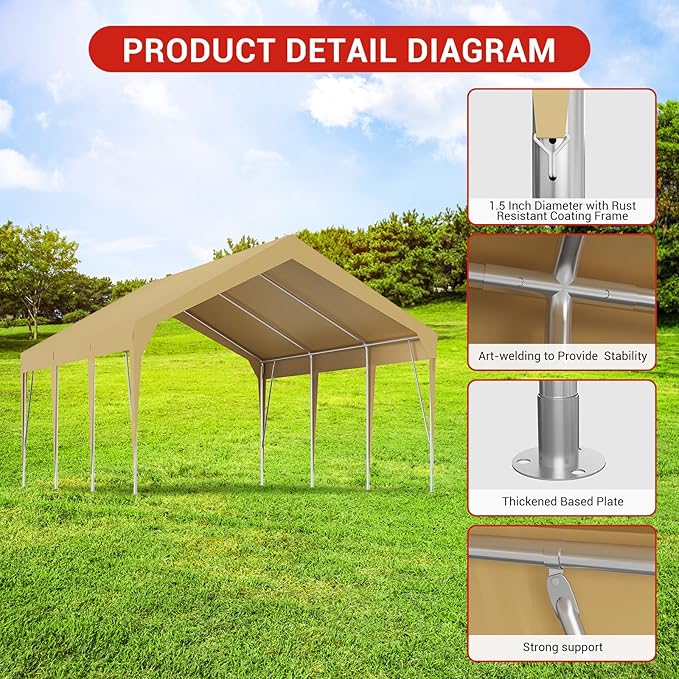 10x20FT Heavy Duty Carport Canopy Portable Garage Shelter, Waterproof UV-Resistant Outdoor Storage Cover with Adjustable Height for Cars Boats