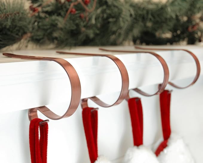 Haute Decor The Original MantleClip Stocking Holder - 4 Pack (Brushed Copper) - Hang Christmas Stockings Safely and Securely from Mantels Up to 3 Inches Thick
