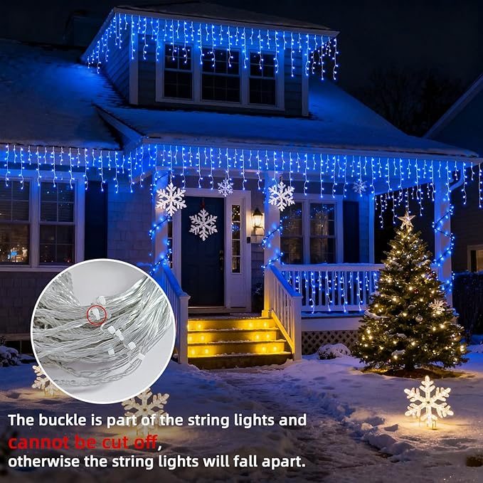 Christmas Outdoor Icicle Lights - 200 LED 21+16 FT 8 Modes Curtain Fairy String Light Plug in, Waterproof for Eaves Yard Holiday Xmas Holiday Indoor Outdoor Decoration - Blue