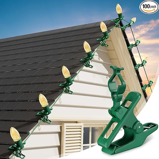 C7 C9 Large Christmas Light Clips – Universal Gutter & Shingle Clips for E12/E17 Base, Mini & Icicle Lights – Outdoor Spring Clips for Roof, Fence, String Lights Decorations – 100 Pack