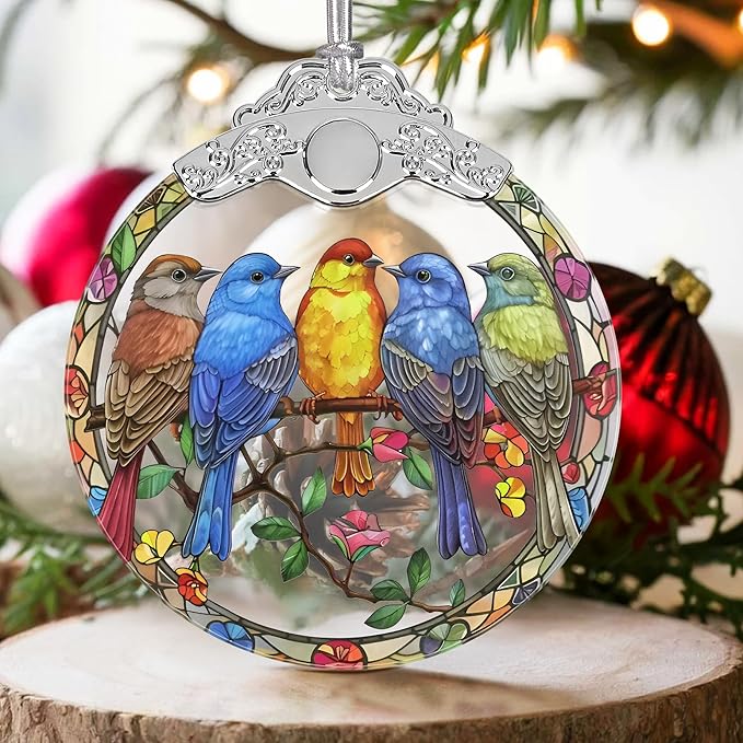 Five Little Birds 2025 Christmas Tree Ornaments - Stained Glass, Holiday & Christmas Tree Decor, Gift Idea & Exchange