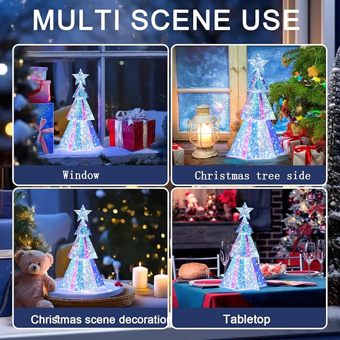 Holographic Christmas Tree, 15 Inch Desktop Decoration Tree with LED Lights, Prismatic Iridescent Christmas Tree Gift for Kids Girls Families Office Indoor Decorations