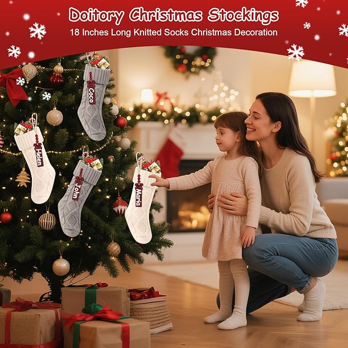 Christmas Stockings 18 Inches,Long Knitted Stocking with Name Tags, Christmas Decoration Hanging Stockings Fireplace Xmas Tree Ornaments for Home Family