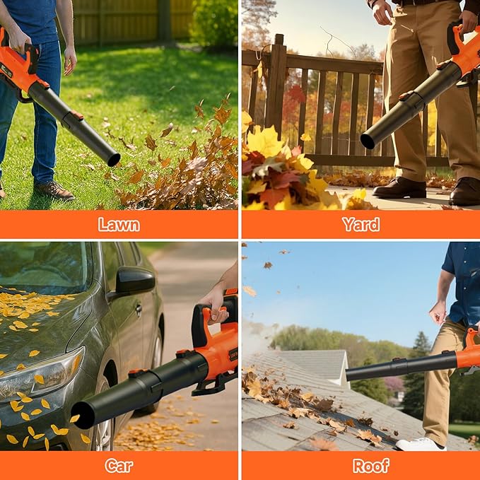Leaf Blower Cordless with 2¡¿ 5.0Ah Batteries and Charger, 21V Electric, Lightweight Battery Powered Blowers for Lawn Care, Yard, Patio Cleaning, Blowing Leaves & Dust, Organe