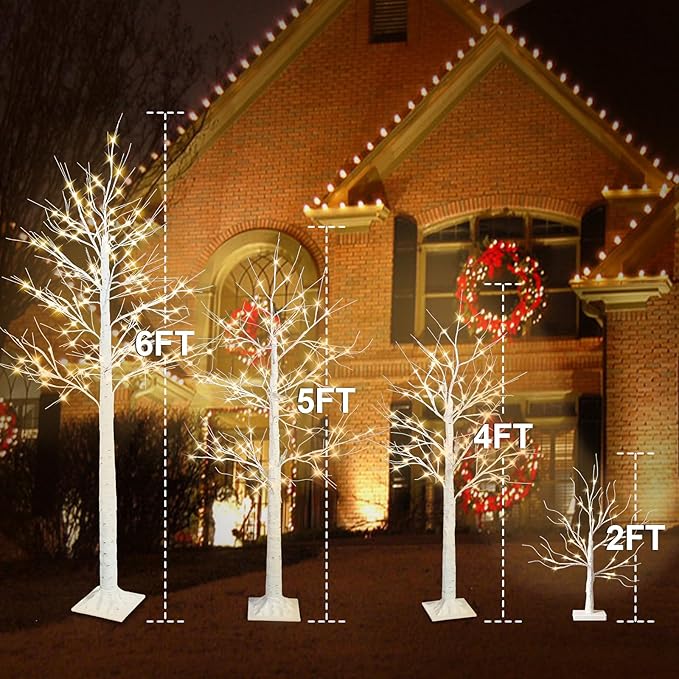 Set of 4 - Birch Tree with LED Lights, 2FT 4FT 5FT 6FT White Christmas Tree, Prelit Artifical Tree Outdoor Christmas Decorations, Lighted Twig Tree, Indoor Outdoor Home Yard Chirstmas Decor
