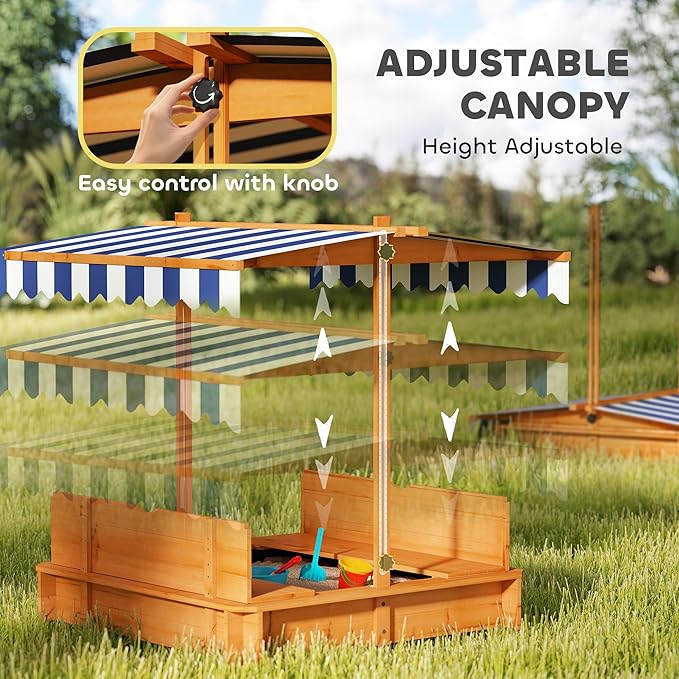 Outsunny Wooden Sandbox with Lid, Kids Sandbox with Canopy Outdoor, Sand Box with Foldable Bench Seats and Sand Protection, Bottom Liner Included, Kids Gift for Aged 3-7, 47X47 in, Red