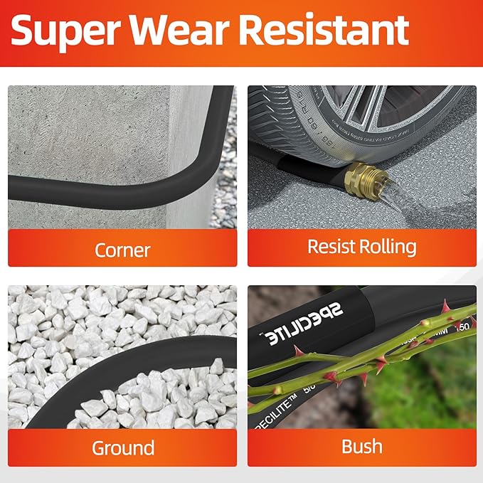 SPECILITE Garden Water Hose 75 ft x 5/8 in Heavy Duty, Flexible and Lightweight, Burst 600 psi, Kink-less Hybrid Rubber Pipe for Backyard, 3/4'' Brass Fittings,Black