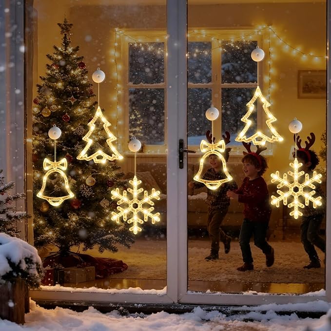 3Pack Christmas Window Lights Decorations with Timer,Battery Powered Christmas Hanging Warm White Lighted Snowflake Tree Bells Shaped LED Sucker for 2026 Xmas Tree Fireplace Indoor Decor