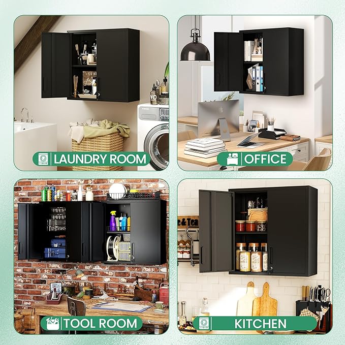 Garage Wall Cabinet,29.5 W Wall Mounted Garage Cabinets with Adjustable Shelf,Heavy Duty Lockable Metal Cabinet,Secure Hanging Tool Cabinet for Basement,Laundry Room,Basement,Workshop,Black
