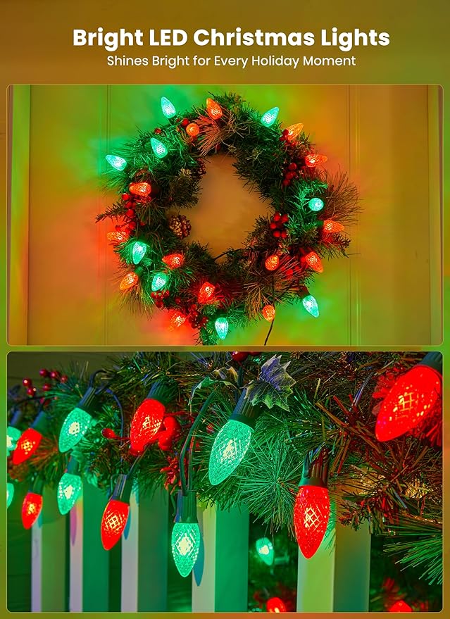 C9 LED Christmas Lights Outdoor with stakes, 25.7ft 20 LED Strawberry String Lights, Connectable Shatterproof Pathway Lights Marker for Path, Lane, Patio, Xmas Holiday Decorations, Red and Green