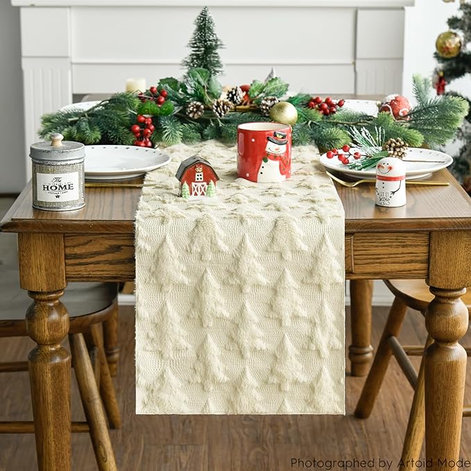 Artoid Mode Christmas Trees Beige Soft Plush Faux Fur Jacquard Christmas Table Runner, Holiday Kitchen Dining Table Decoration for Home Party Decor 13x90 Inch