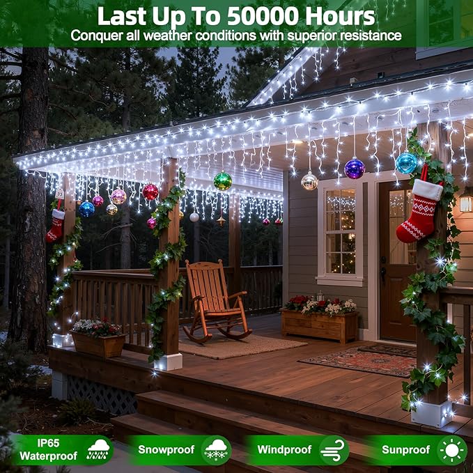 612 LED Christmas Lights with 136 Drops, 60ft 12 Modes Hanging ice String Lights with Timer & Dimmable & Waterproof, Plug-in Fairy Lights for Tree Holiday Wedding Party Christmas Decor Cool White
