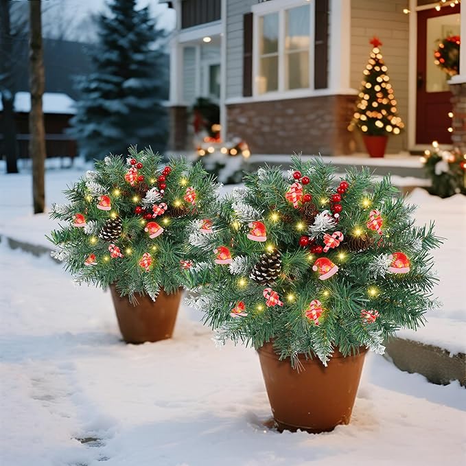 DR.DUDU 15 Inch Outdoor Christmas Decorations Urn Filler for Front Porch- 2 Pack Lighted Christmas Pot Fillers with Stake, Xmas Pine Trees with Timer for Outside Home Décor