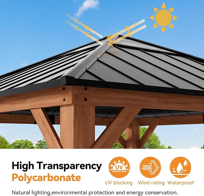 Modern Shade Tranquil Grove Wood Gazebo 11' x 11', Wooden Gazebo with Polycarbonate Hip Roof Hardtop, Permanent Hardtop Pavilion with Sturdy Hooks for Garden, Backyard