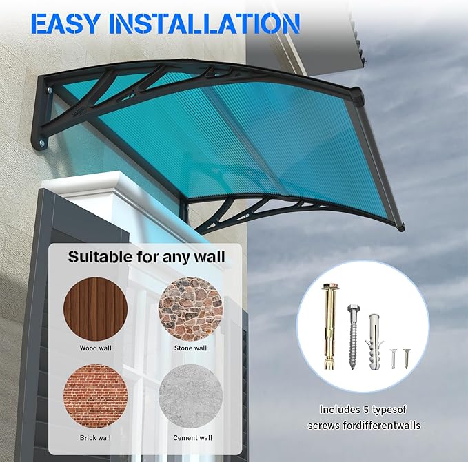 Awning for Door Entrance,40x60 inches Window Awnings for Doors Canopy Polycarbonate Cover Patio Door Awning UV Rain Snow Sunlight Protection Hollow Shee