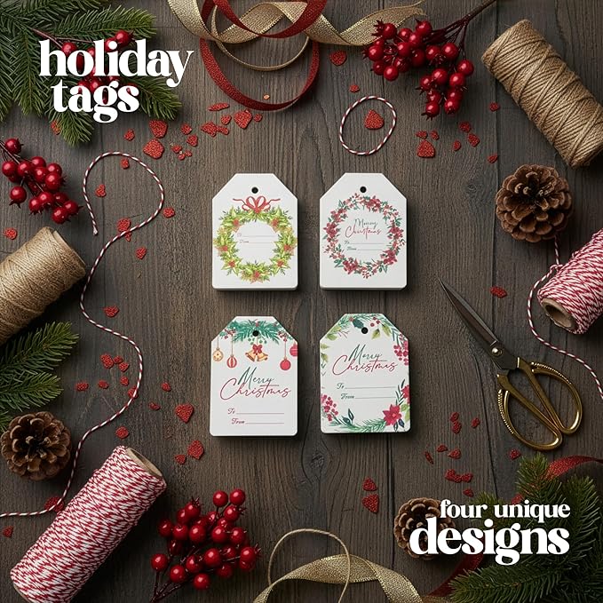 Christmas Plantable Gift Tags with Wildflower Seeds – Writable, Plantable Merry Christmas Tags, 4 Festive & Ornament Designs, Perfect for Holiday Gifts, Family & Friends (48 Tags (12 per Design)