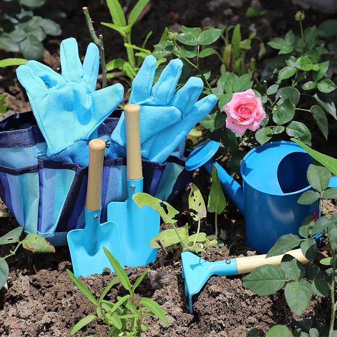 Kids Gardening Tools Set, Toddler Play Kit Child Outdoor Toy with Gloves, Watering Can, Metal Shovel, Rake, Spade & Storage Bag, Backyard Sand Digging Birthday for Boys Girls 3 4 5 (Blue)
