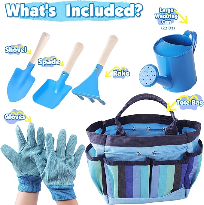 Kids Gardening Tools Set, Toddler Play Kit Child Outdoor Toy with Gloves, Watering Can, Metal Shovel, Rake, Spade & Storage Bag, Backyard Sand Digging Birthday for Boys Girls 3 4 5 (Blue)