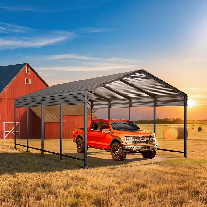 12x20 FT Metal Carport, Enhanced Base and Steel Roof for All-Weather Use, Outdoor Heavy Duty Garage Galvanized Car Shelter for Bass Boats, Full-Sized Pickup Trucks, and Tractors